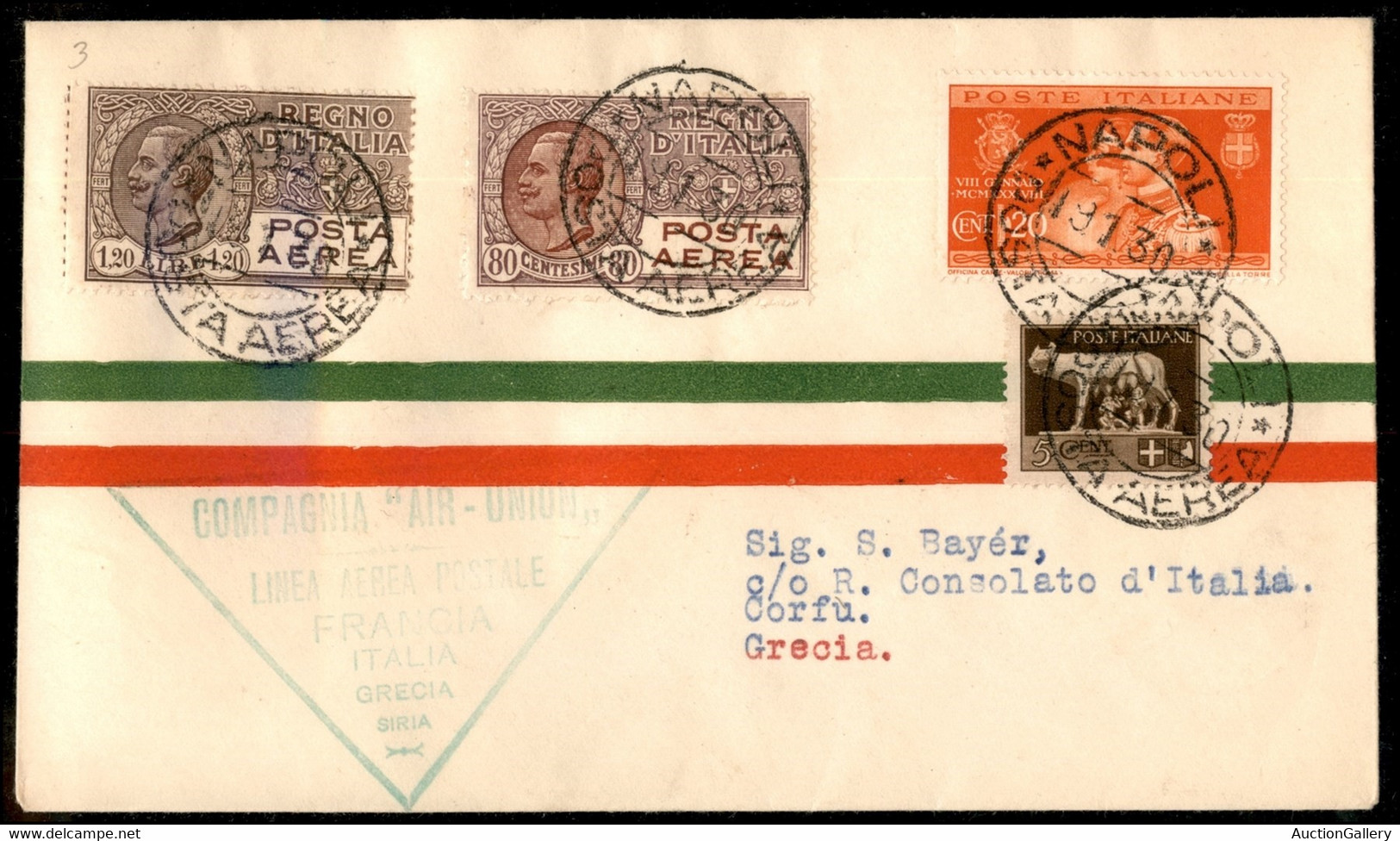 Regno - Aerogrammi - 1930 (19 Gennaio) - Napoli Corfù - AULO Linea Marsiglia Beyrouth - Longhi 2065 - 10 Volati - S. Bay - Altri & Non Classificati