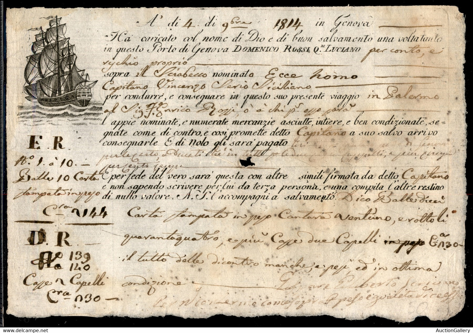Italia - Prefilateliche&Documenti - 1814 (4 Novembre) - Bolla Di Carico Da Genova A Palermo - Other & Unclassified