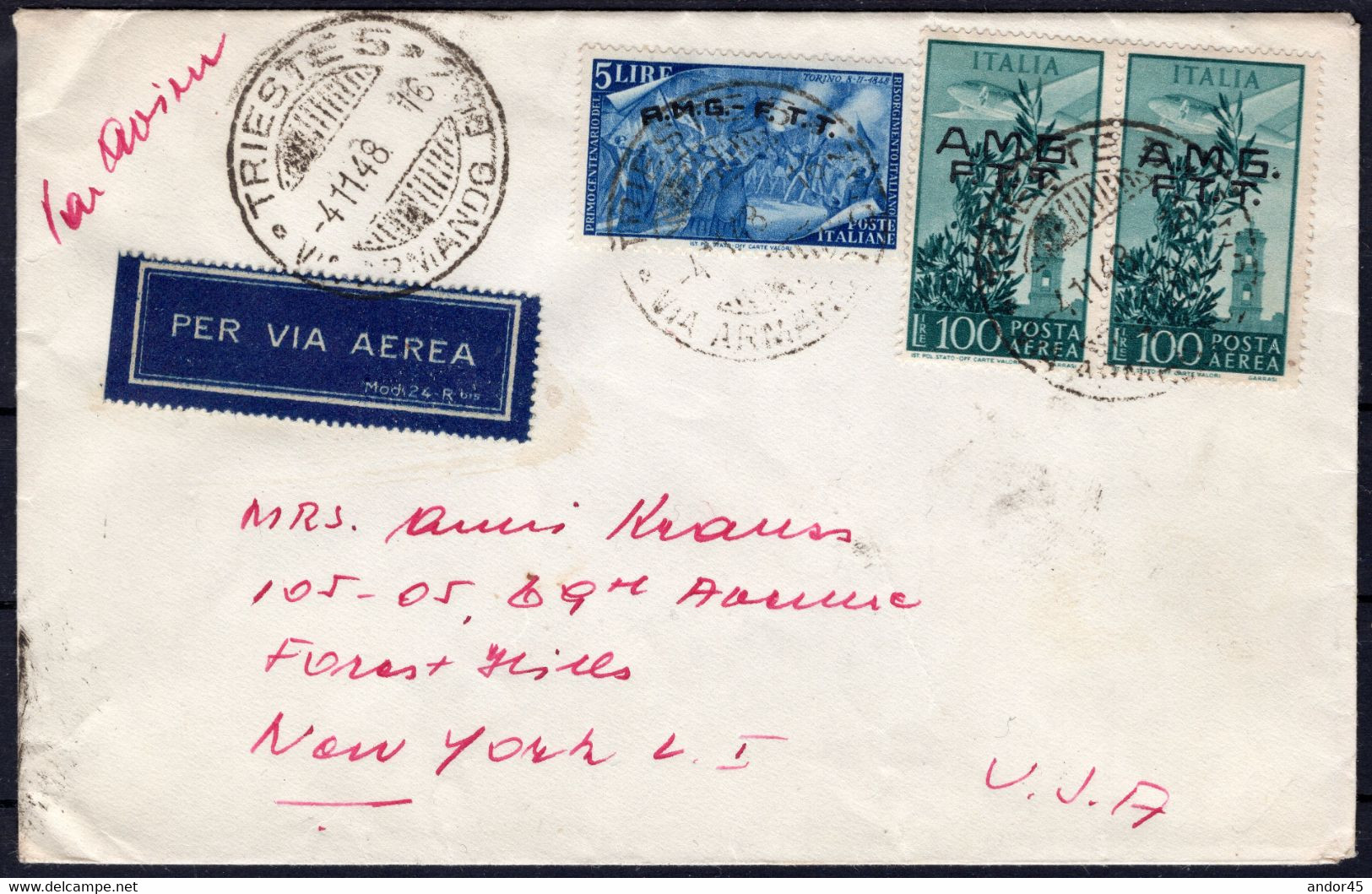 1948 04 NOV AEROGRAMMA PER NEW YORK IN TARIFFA L.205 CON COPPIA L.100 CAMPIDOGLIO DI POSTA AEREA SASS 13 + L. 5 RISORGIM - Storia Postale