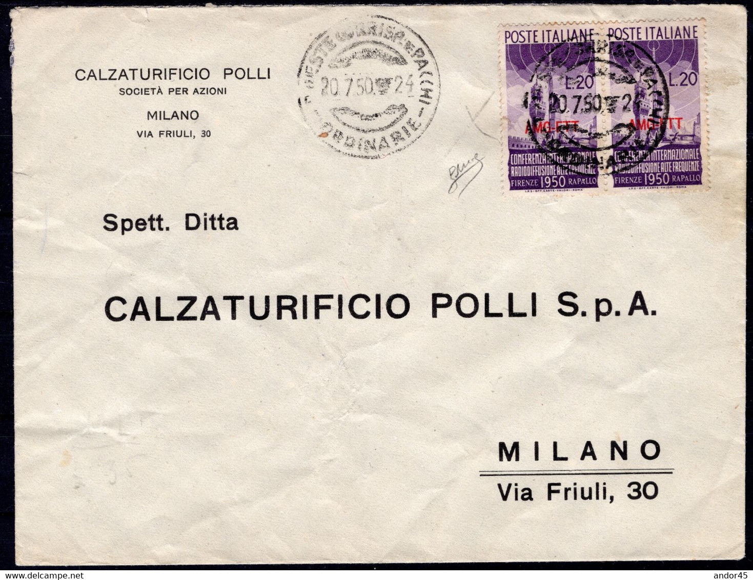 1950 20 LUG LETTERA PER MILANO AFFRANCATA CON DUE ESEMPLARI (UNO DIFETTOSO) DEL L.20 RADIODIFFUSIONE SASS 76 FIRMA BIOND - Marcofilie