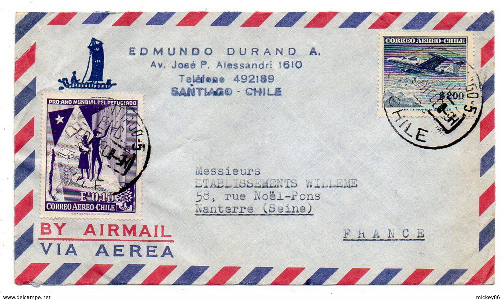 CHILI --1960--SANTIAGO  Pour NANTERRE-92 (France )  , Timbres  Sur Lettre...cachet - Chile