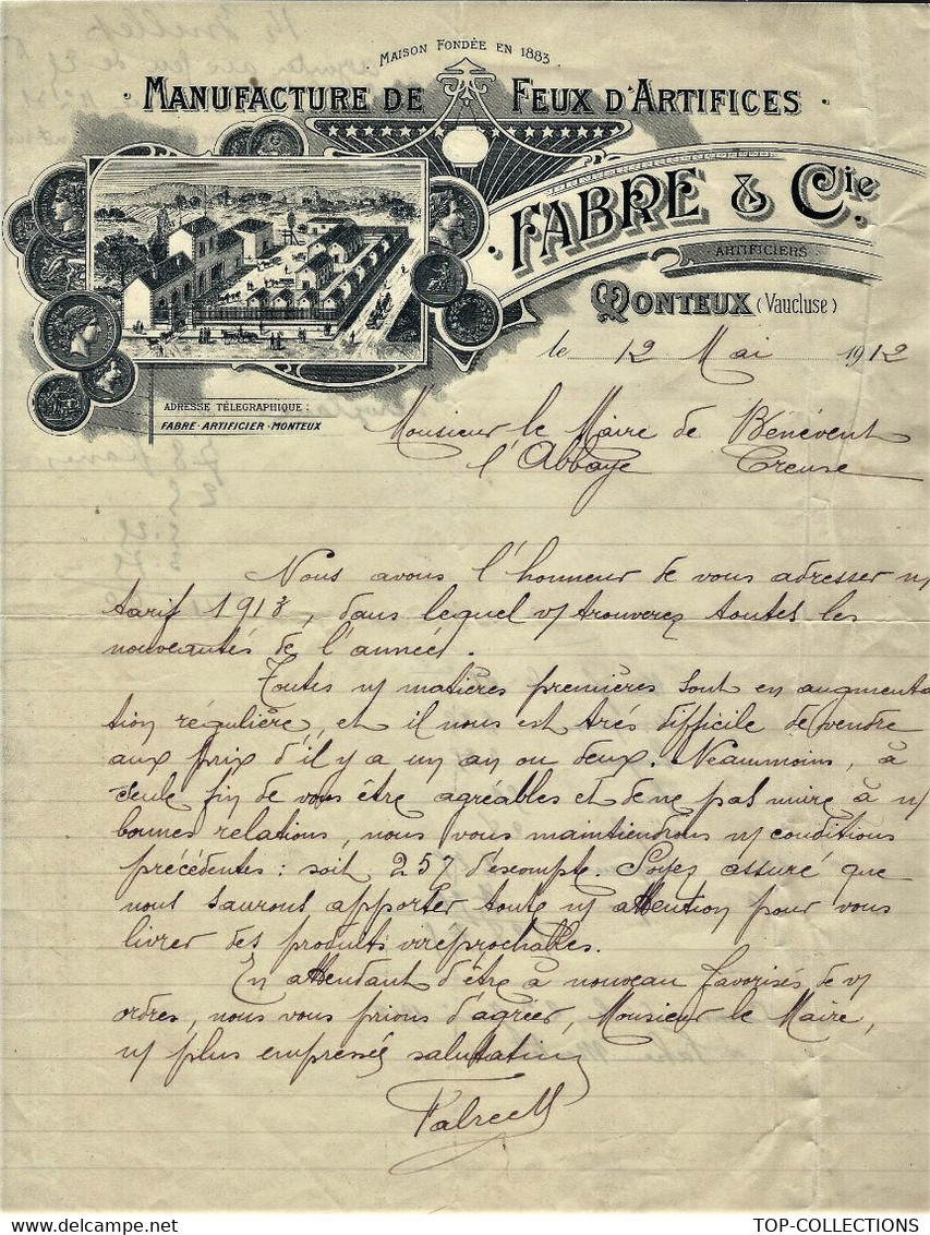 1912 LA VILLE DES ARTIFICIERS FEUX ARTIFICE MANUFACTURE Fabre à Monteux Vaucluse => Benevent L’Abbaye Vaucluse V. Hist. - 1900 – 1949