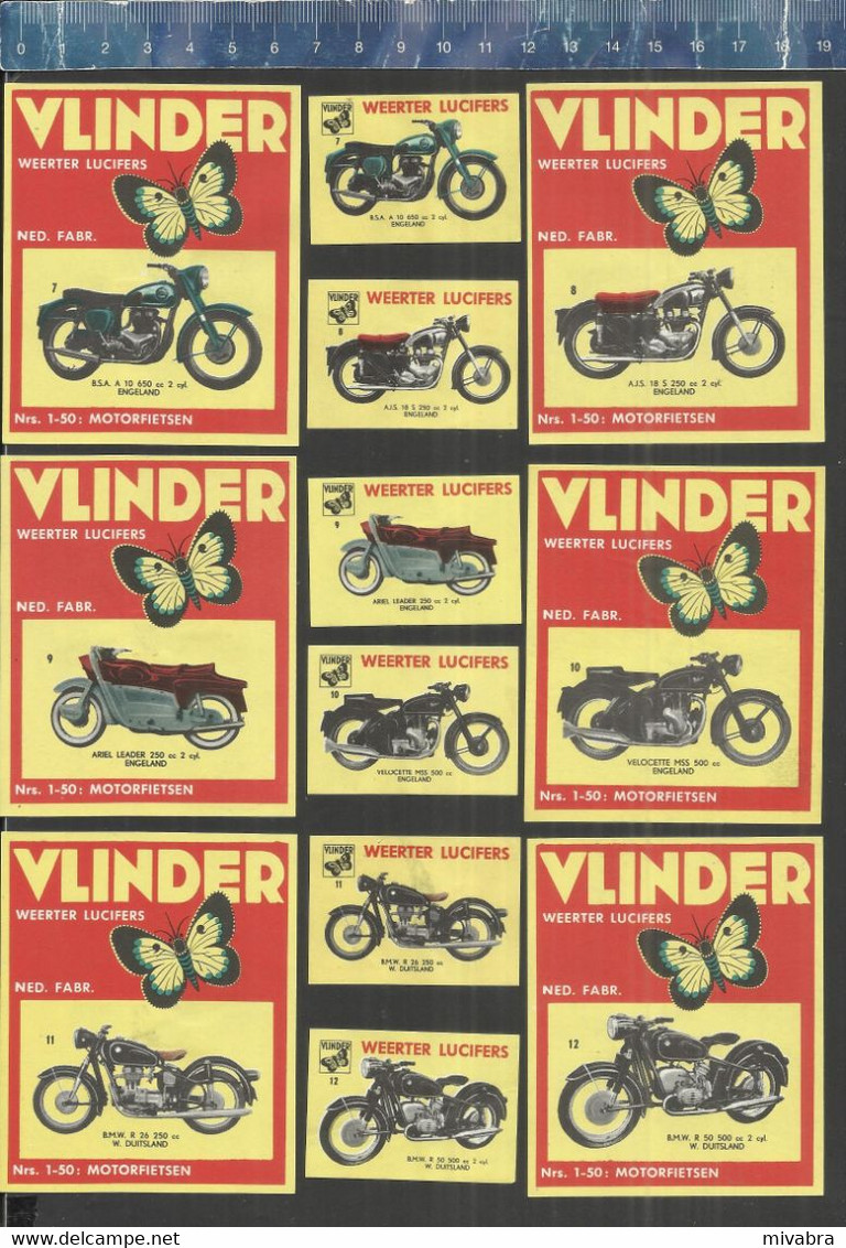 MOTO - TRIUMPH NSU SPARTA NORTON BSA BMW MAICO ADLER DKW ZUNDAPP PANONIA ETC.....VLINDER Matchbox Labels THE NETHERLANDS - Zündholzschachteletiketten