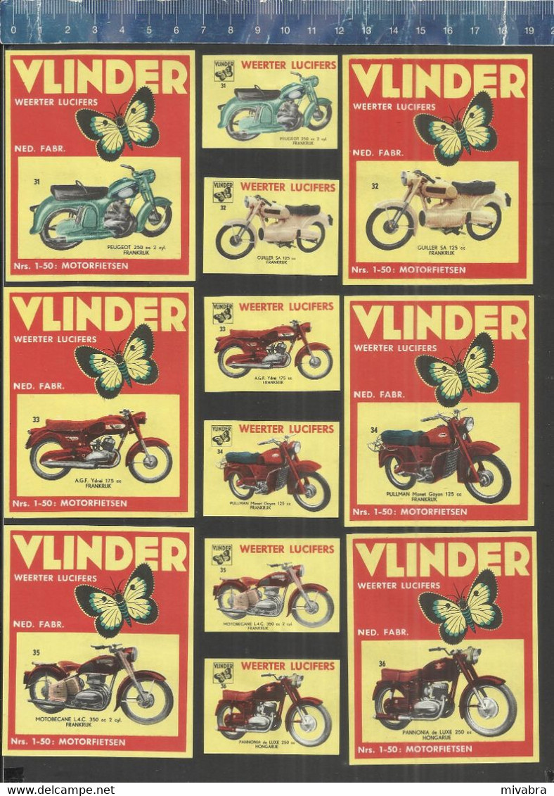 MOTO - TRIUMPH NSU SPARTA NORTON BSA BMW MAICO ADLER DKW ZUNDAPP PANONIA ETC.....VLINDER matchbox labels THE NETHERLANDS