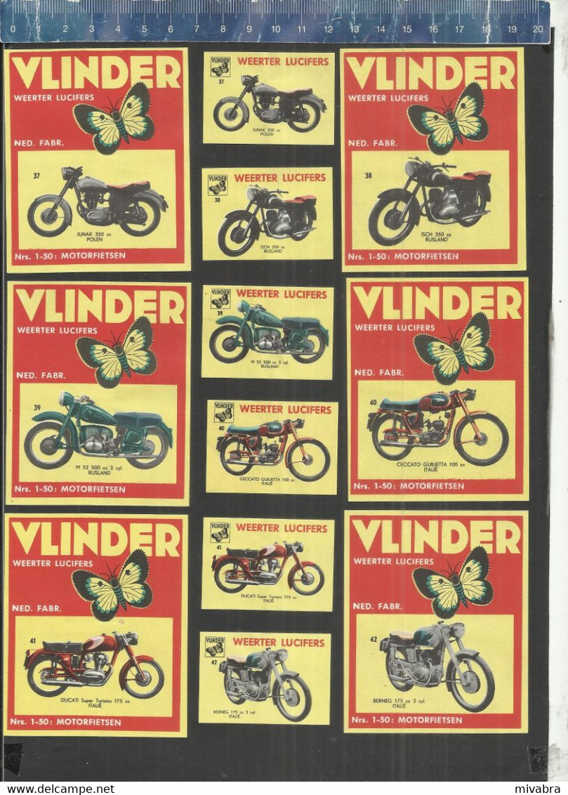 MOTO - TRIUMPH NSU SPARTA NORTON BSA BMW MAICO ADLER DKW ZUNDAPP PANONIA ETC.....VLINDER matchbox labels THE NETHERLANDS