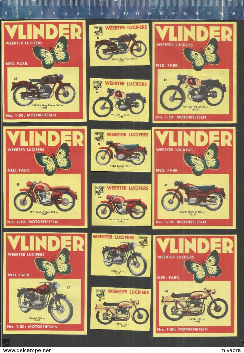 MOTO - TRIUMPH NSU SPARTA NORTON BSA BMW MAICO ADLER DKW ZUNDAPP PANONIA ETC.....VLINDER matchbox labels THE NETHERLANDS