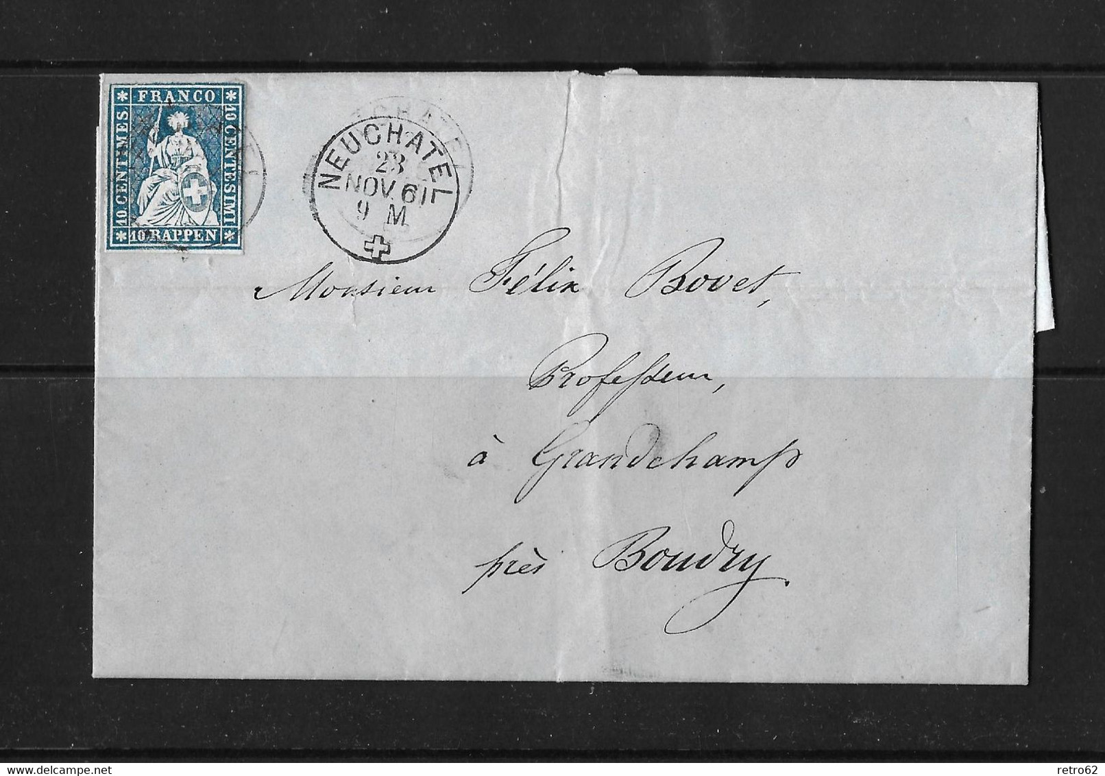 1854-1862 HELVETIA / STRUBEL (Ungezähnt) → Siegelbrief NEUSCHATEL Nach BOUDRY  ►SBK-23B4.Vb / Guter Schnitt◄ - Storia Postale