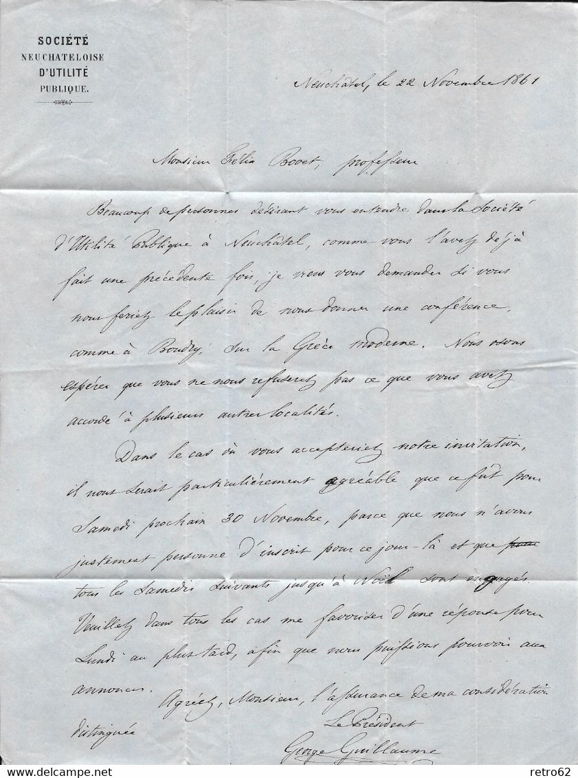 1854-1862 HELVETIA / STRUBEL (Ungezähnt) → Siegelbrief NEUSCHATEL Nach BOUDRY  ►SBK-23B4.Vb / Guter Schnitt◄ - Covers & Documents