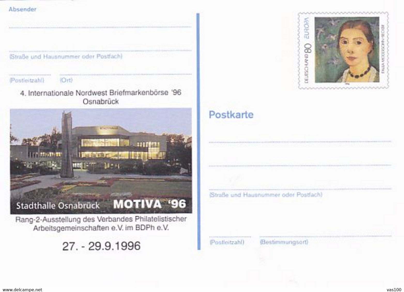 OSNABRUCK PHILATELIC EXHIBITION, PAINTING, PC STATIONERY, ENTIER POSTAL, 1996, GERMANY - Postcards - Mint