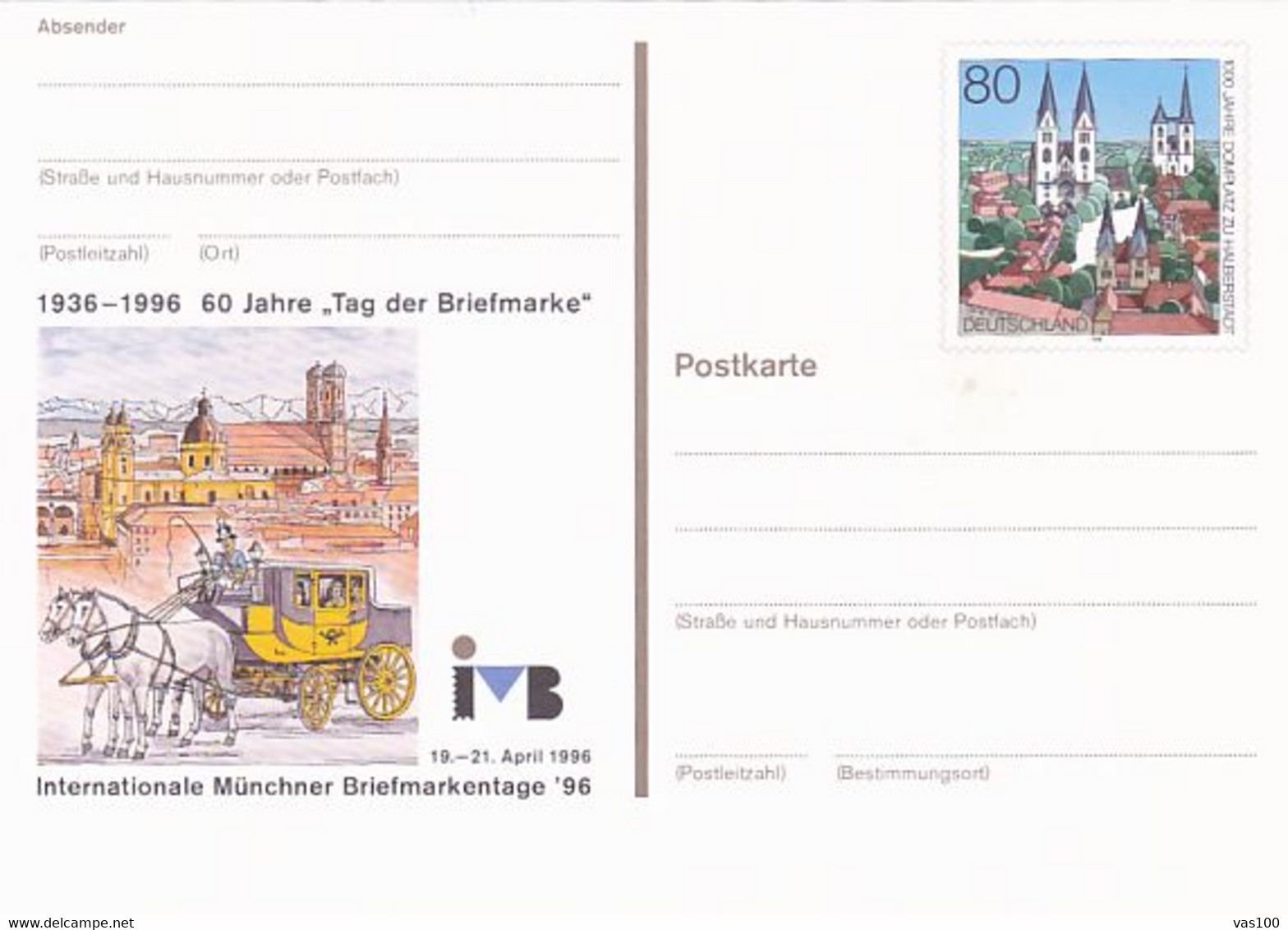 MUNCHEN PHILATELIC EXHIBITION, POST CHASE, HALBERSTADT CATHEDRAL, PC STATIONERY, ENTIER POSTAL, 1996, GERMANY - Postkaarten - Ongebruikt
