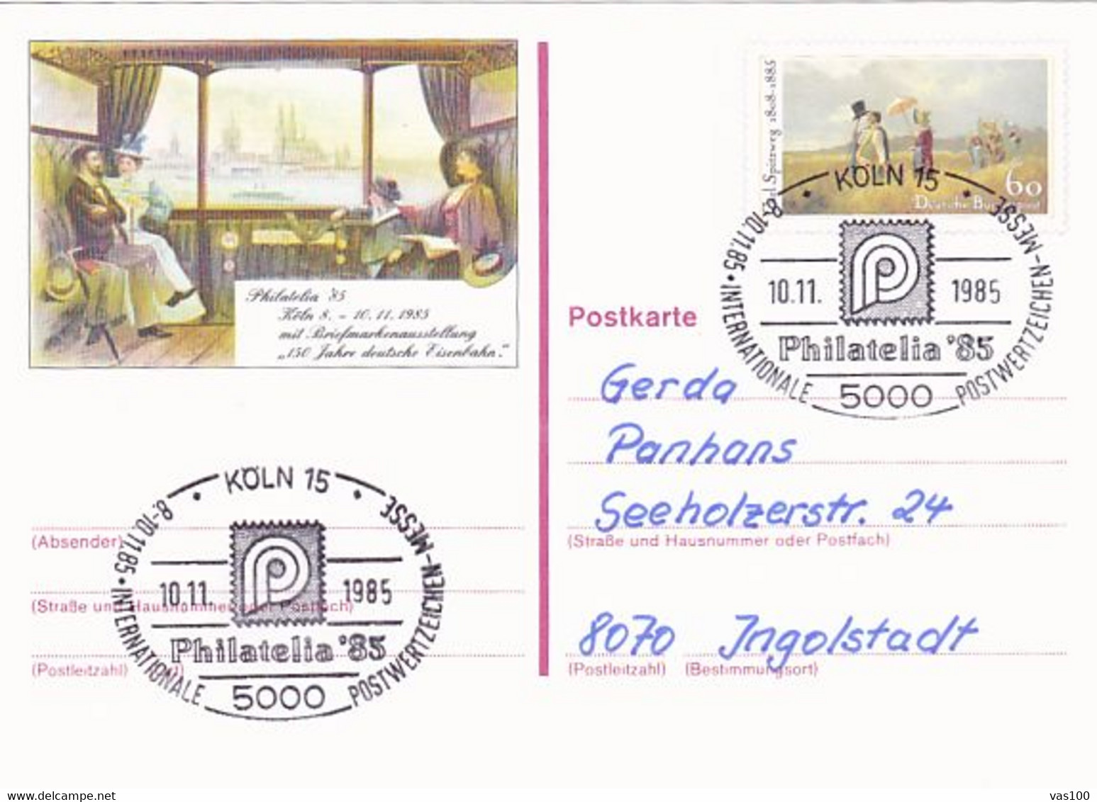 KOLN PHILATELIC EXHIBITION, TRAIN, PAINTING, PC STATIONERY, ENTIER POSTAL, 1985, GERMANY - Postcards - Used