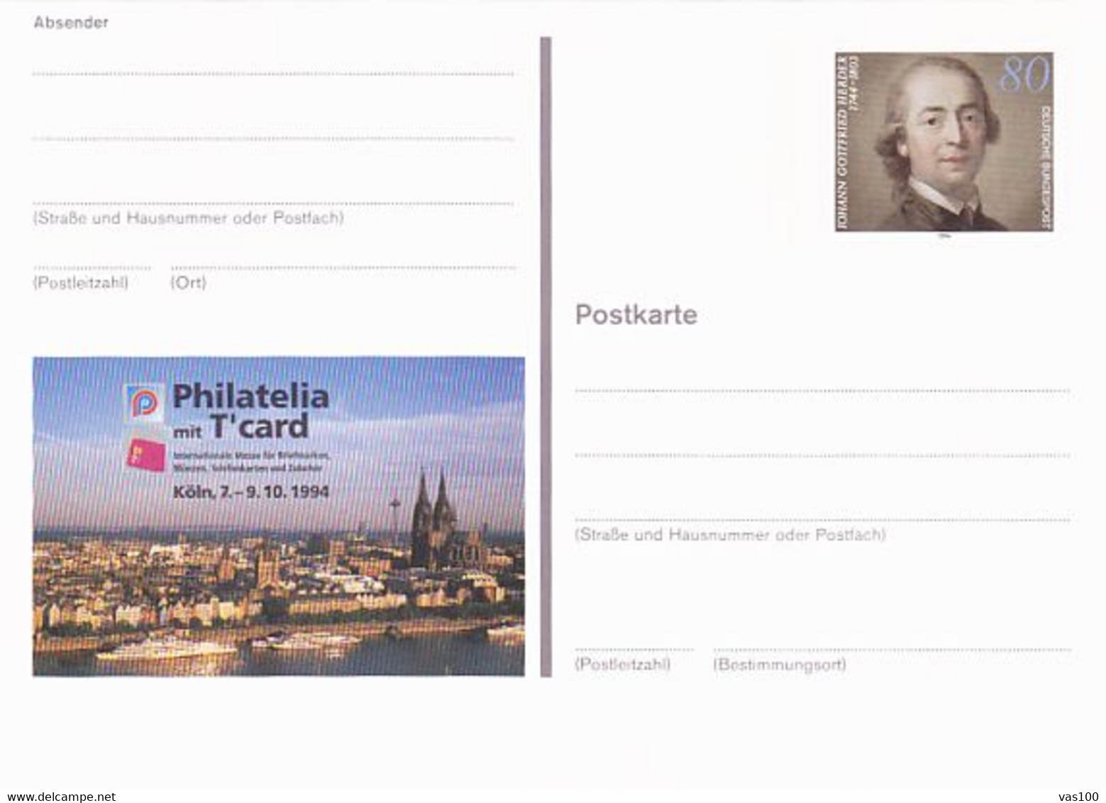 KOLN PHILATELIC EXHIBITION, JOHANN GOTTFRIED HERDER, PC STATIONERY, ENTIER POSTAL, 1994, GERMANY - Postkarten - Ungebraucht