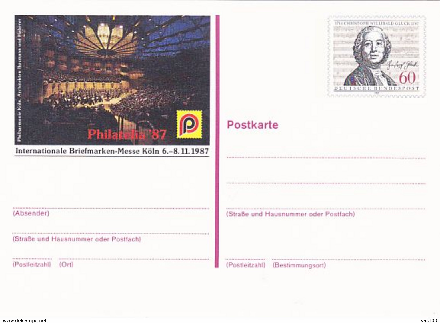 KOLN PHILATELIC EXHIBITION, PHILHARMONIC, CHRISTOPH GLUCK, PC STATIONERY, ENTIER POSTAL, 1987, GERMANY - Cartes Postales - Neuves
