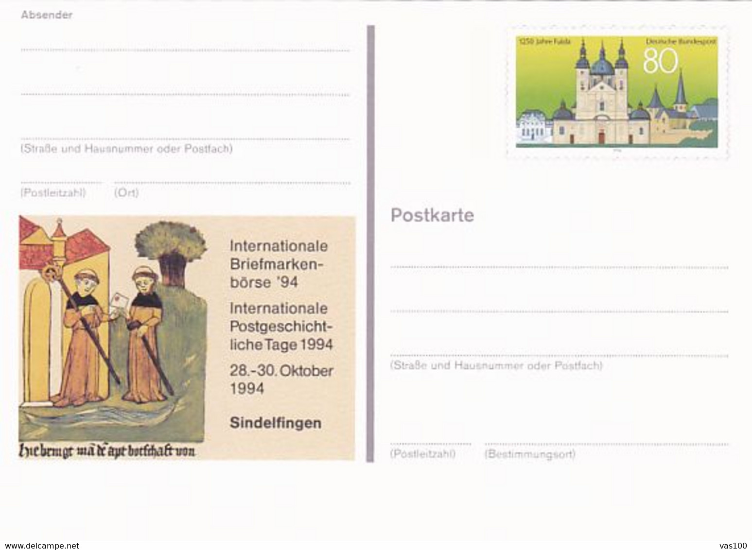 SINDELFINGEN PHILATELIC EXHIBITION, FULDA TOWN, PC STATIONERY, ENTIER POSTAL, 1994, GERMANY - Postkarten - Ungebraucht