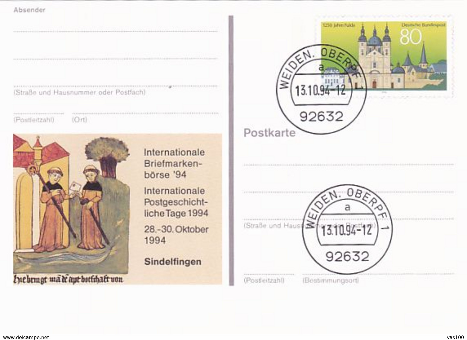SINDELFINGEN PHILATELIC EXHIBITION, FULDA TOWN, PC STATIONERY, ENTIER POSTAL, 1994, GERMANY - Postcards - Used