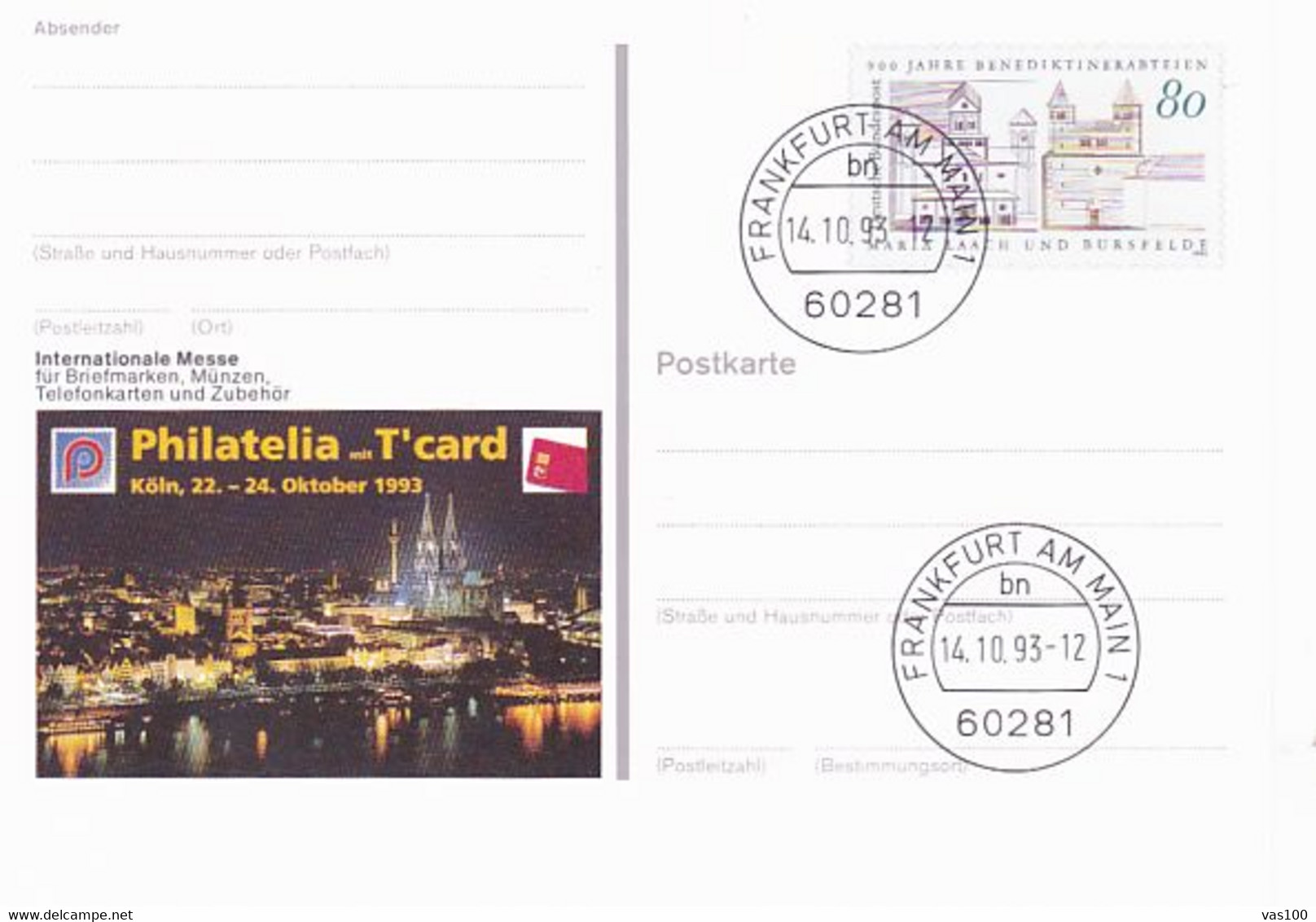 KOLN PHILATELIC EXHIBITION, MARIA LAACH ABBEY, PC STATIONERY, ENTIER POSTAL, 1993, GERMANY - Postcards - Used