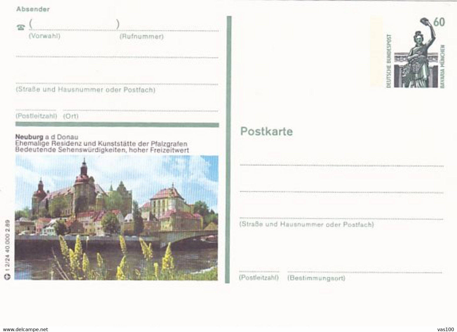 NEUBURG A D DONAU TOWN, BAVARIA MONUMENT, PC STATIONERY, ENTIER POSTAL, 1989, GERMANY - Postcards - Mint