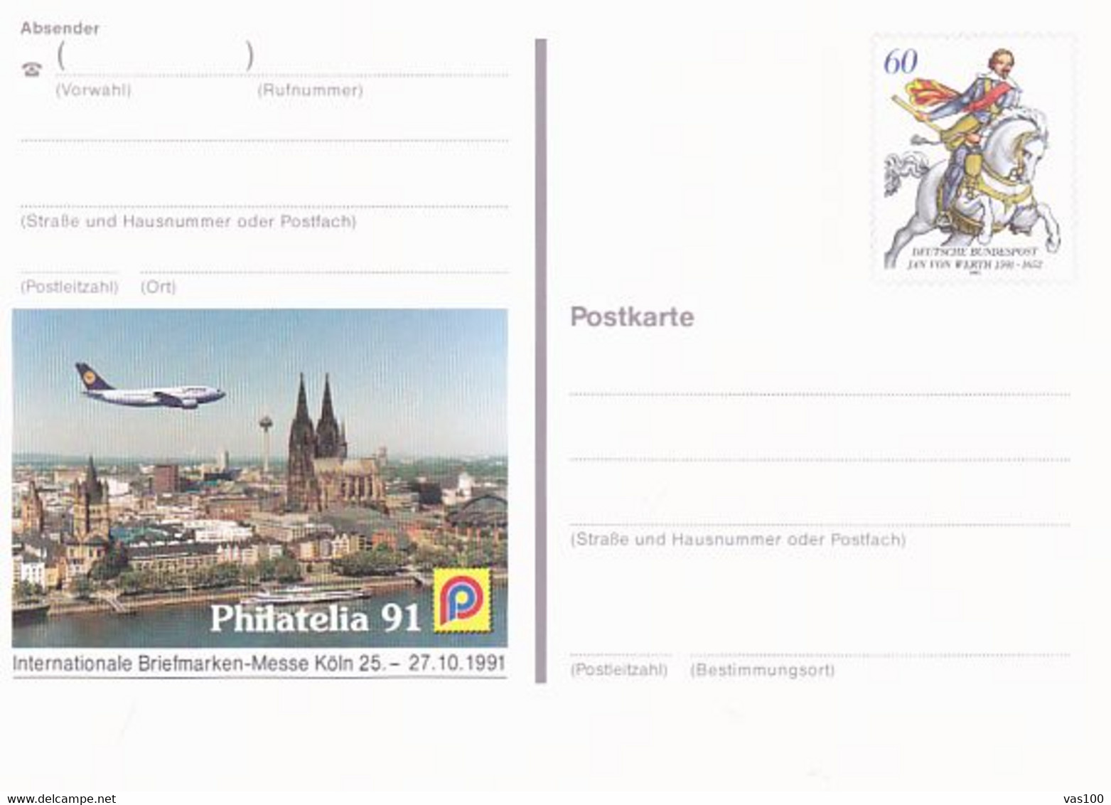 KOLN PHILATELIC EXHIBITION, GENERAL JAN VON WERTH, PC STATIONERY, ENTIER POSTAL, 1991, GERMANY - Postkaarten - Ongebruikt