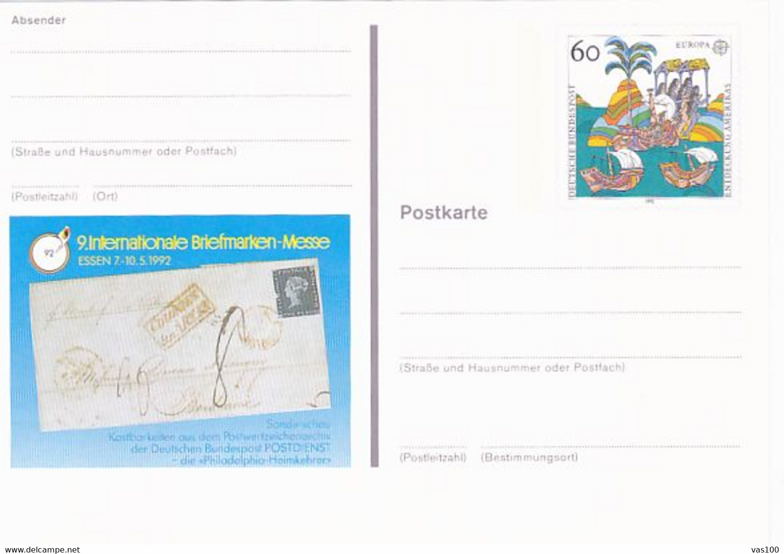 ESSEN PHILATELIC EXHIBITION, EUROPA CEPT- DISCOVERY OF AMERICA, PC STATIONERY, ENTIER POSTAL, 1992, GERMANY - Postkaarten - Ongebruikt