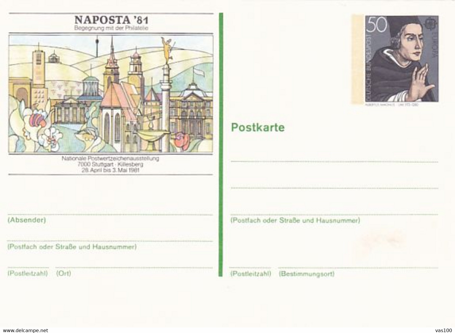 STUTTGART PHILATELIC EXHIBITION, EUROPA CEPT- ALBERTUS MAGNUS, PC STATIONERY, ENTIER POSTAL, 1981, GERMANY - Postkarten - Ungebraucht