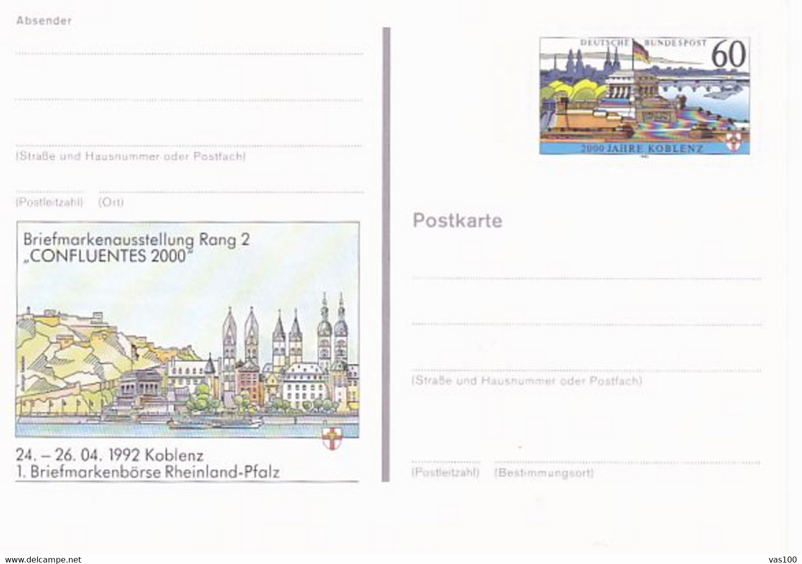 KOBLENZ PHILATELIC EXHIBITION, MONUMENT, PC STATIONERY, ENTIER POSTAL, 1992, GERMANY - Postkaarten - Ongebruikt