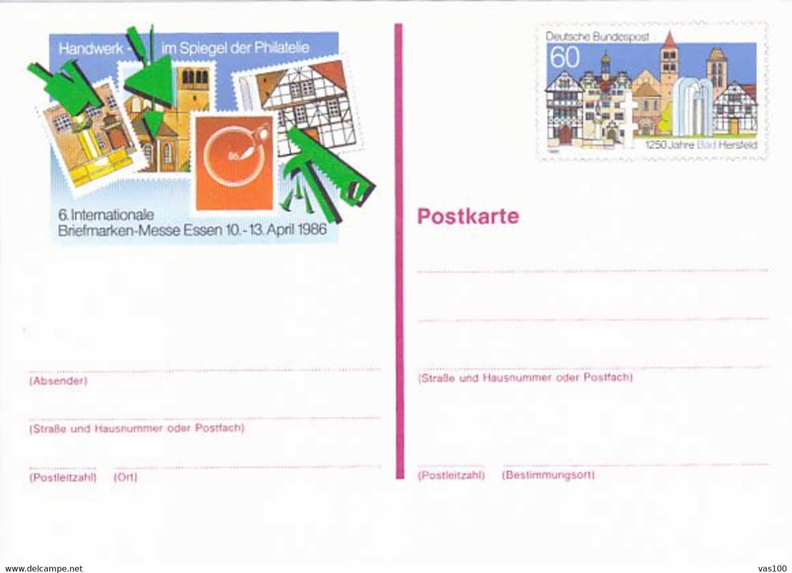 ESSEN PHILATELIC EXHIBITION, BAD HERSFELD, PC STATIONERY, ENTIER POSTAL, 1986, GERMANY - Cartes Postales - Neuves