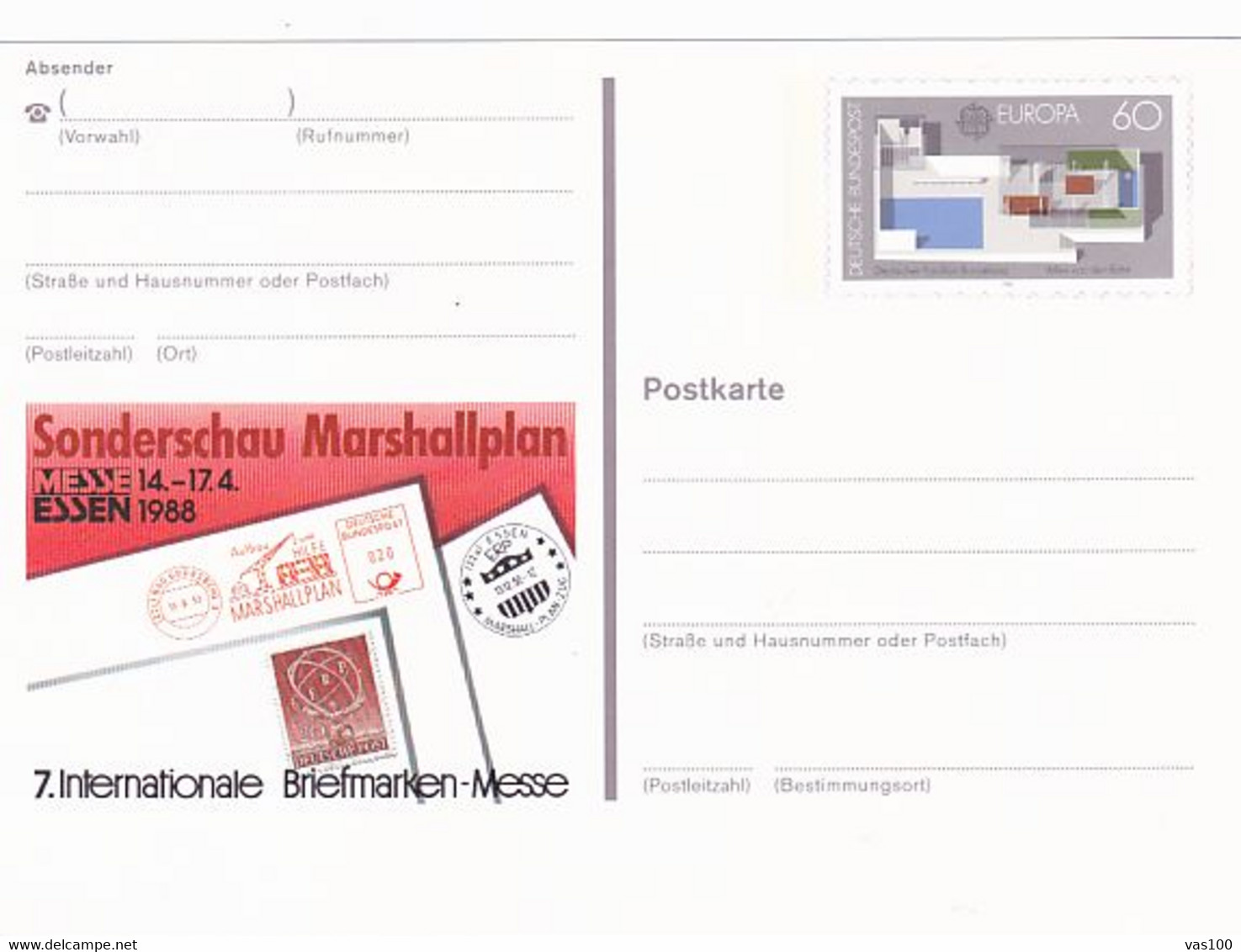 ESSEN PHILATELIC EXHIBITION, MARSHALL PLAN, EUROPA CEPT, PC STATIONERY, ENTIER POSTAL, 1988, GERMANY - Postkarten - Ungebraucht