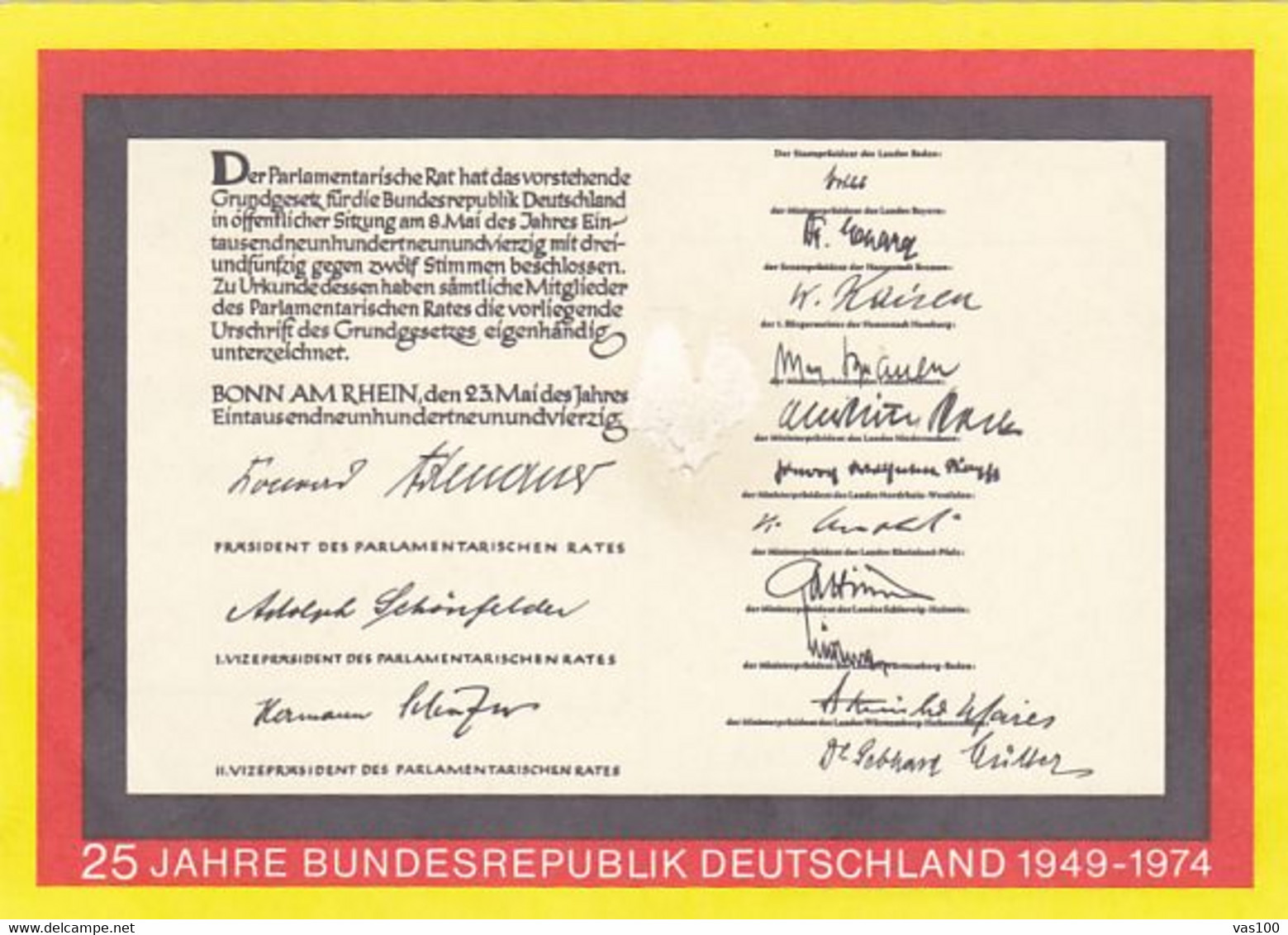 FEDERAL REPUBLIC ANNIVERSARY, PC STATIONERY, ENTIER POSTAL, 1974, GERMANY - Postcards - Mint
