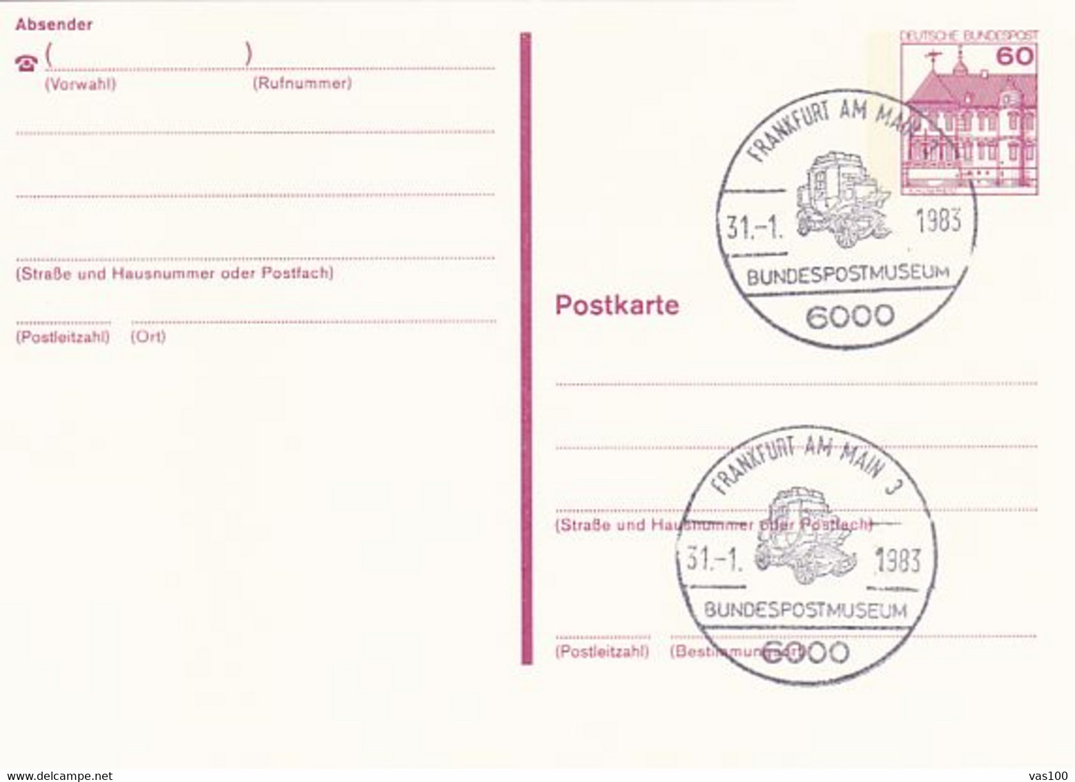 POST CHASE, POST MUSEUM POSTMARK, CASTLE, PC STATIONERY, ENTIER POSTAL, 1983, GERMANY - Postcards - Used