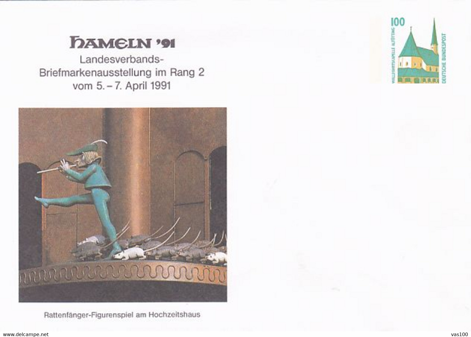 HAMELN PHILATELIC EXHIBITION, THE PIED PIPER, CHAPEL, COVER STATIONERY, ENTIER POSTAL, 1991, GERMANY - Covers - Mint