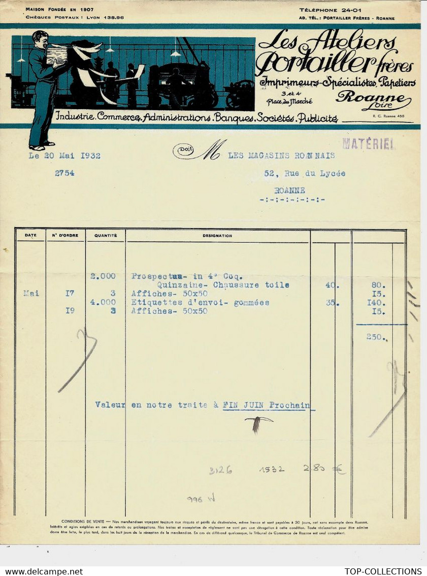 1932 SUPERBE ENTETE Ateliers Portailler Fr. IMPRIMERIE PAPIERS  PAPETERIE Roanne Loire Pour Roanne  B.E. V. SCANS - 1900 – 1949