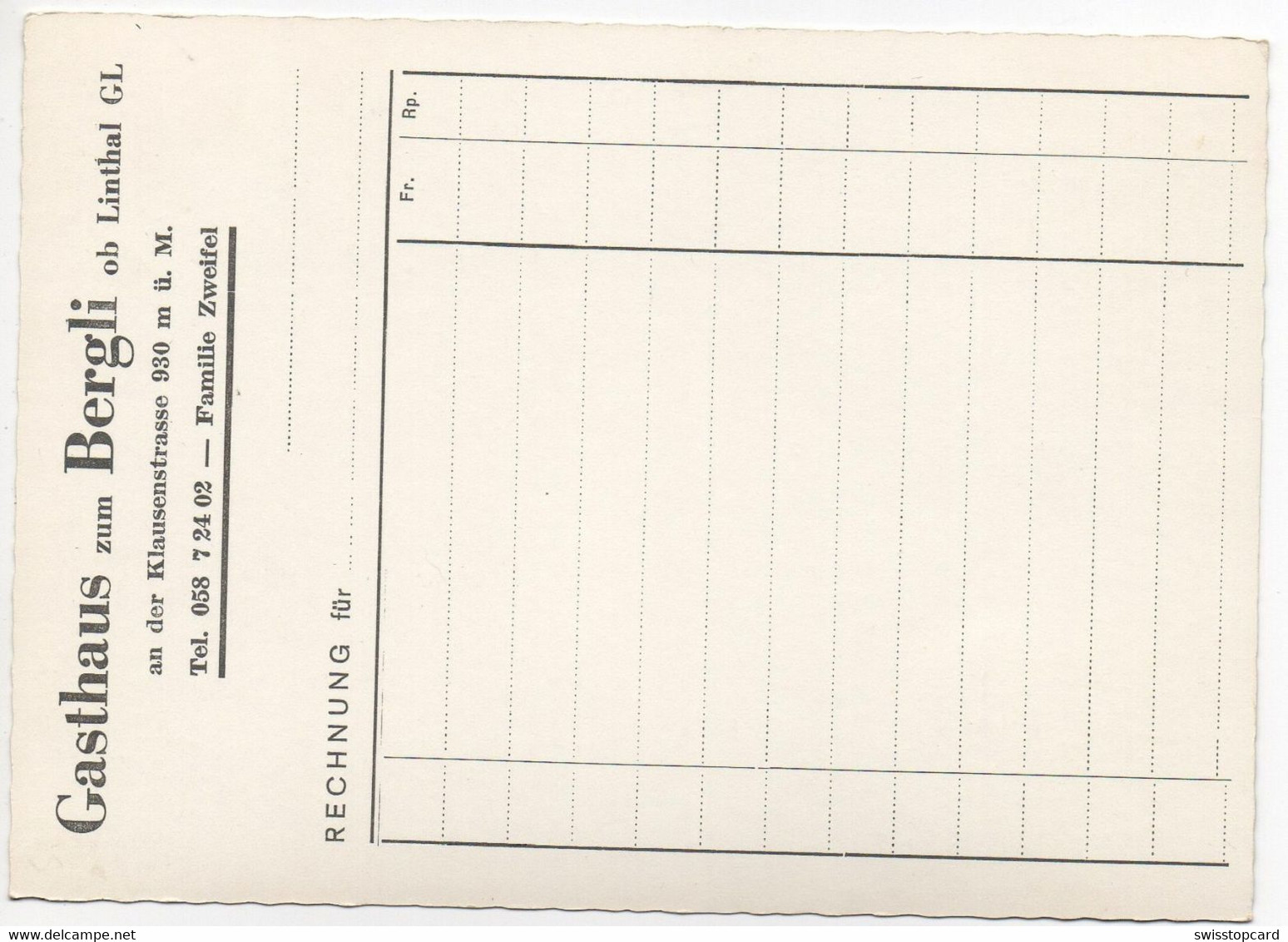 Nota LINTHAL Gasthaus Kurhaus Bergli Auto ZH4509 - Linthal