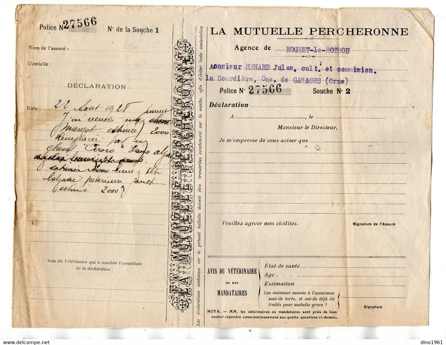 VP21.535 - NOGENT LE ROTROU 1928 - 2 Document De ¨ LA MUTUELLE PERCHERONNE ¨ Mr RENARD à GEMAGES ( Orne ) - Banque & Assurance