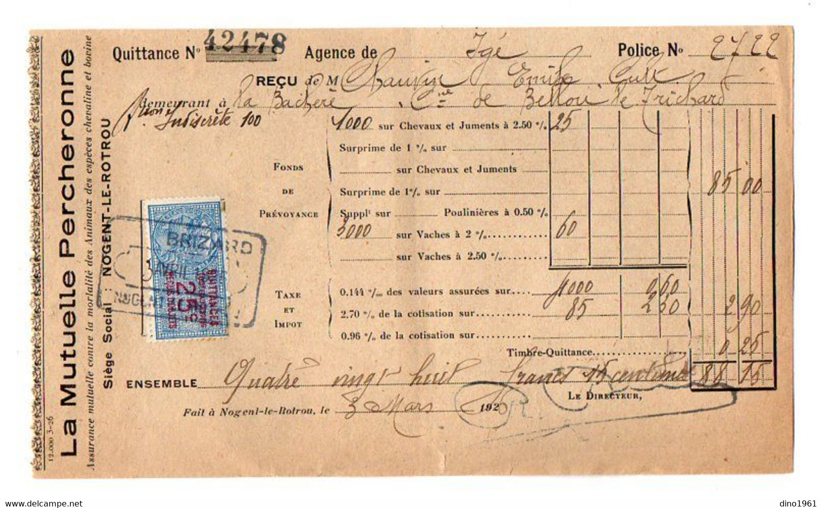 VP21.536 - NOGENT LE ROTROU 1911 - 5 Documents De ¨ LA MUTUELLE PERCHERONNE ¨ Mr MARCEL à BELLOU LE TRICHARD ( Orne ) - Banque & Assurance