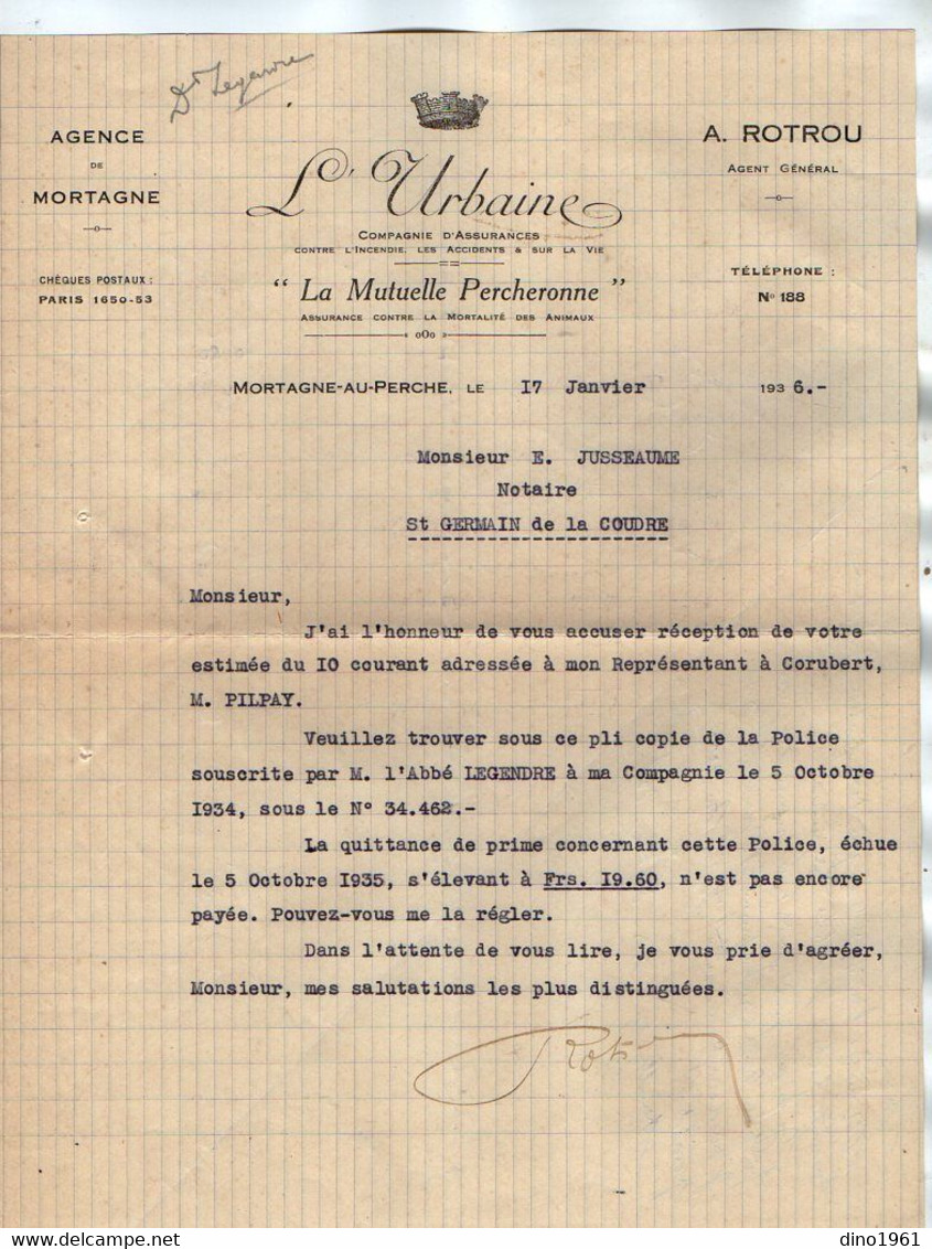 VP21.537 - MORTAGNE AU PERCHE X NOGENT LE ROTROU 1926 / 36 - Lettre & 6 Quittances De  ¨ LA MUTUELLE PERCHERONNE ¨ - Banco & Caja De Ahorros