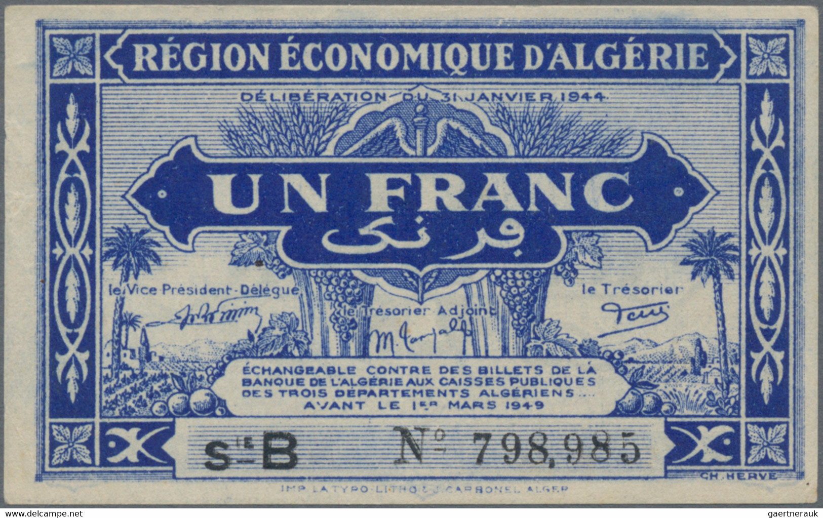 Algeria: Trésorerie - Région Économique d'Algérie, lot with 4 banknotes L.1944 s