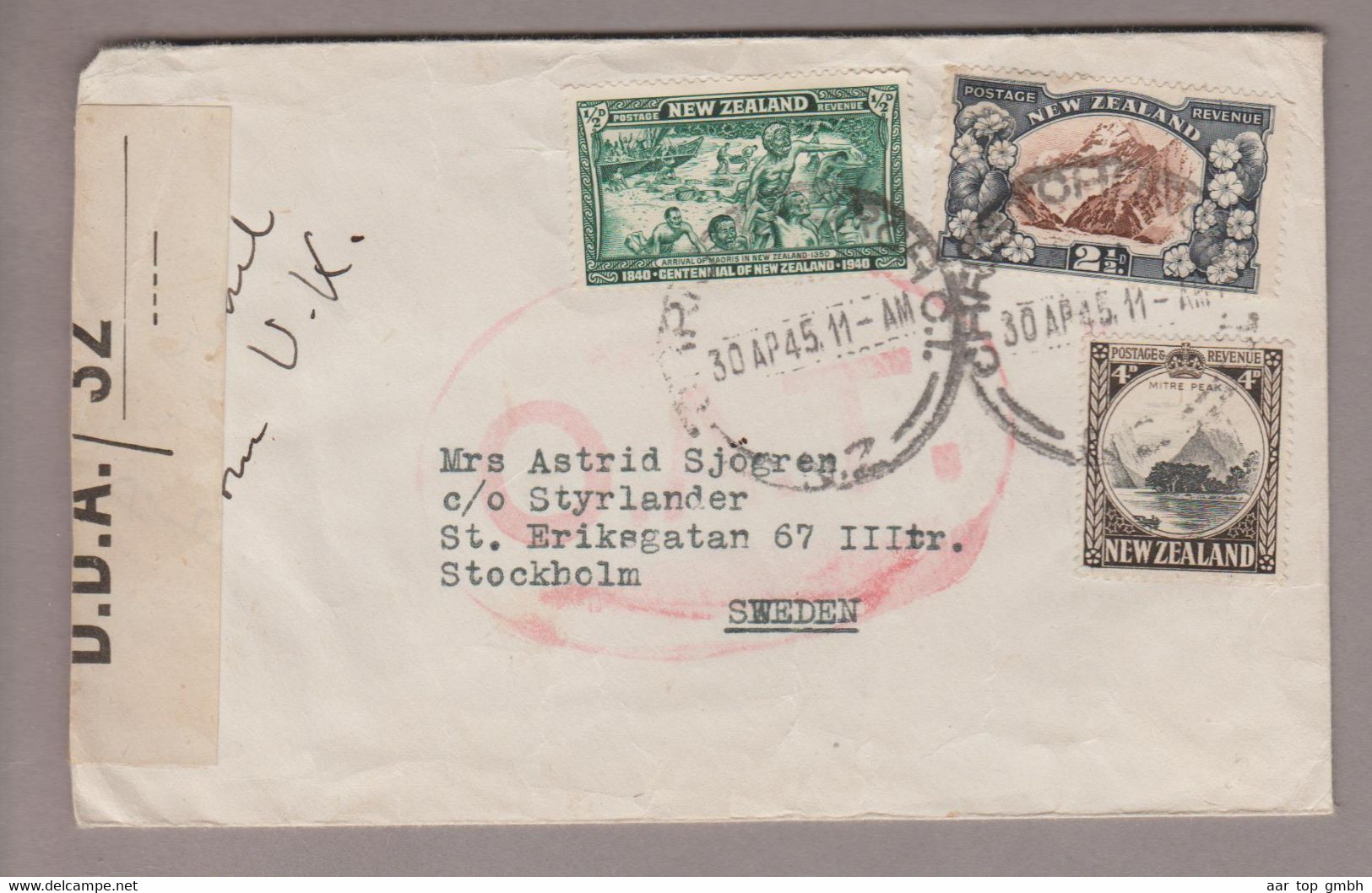 Neuseeland New Zealand 1945-04-30 Christchurch Zensur-O.A.T.-Brief Nach Stockholm Airmail - Brieven En Documenten