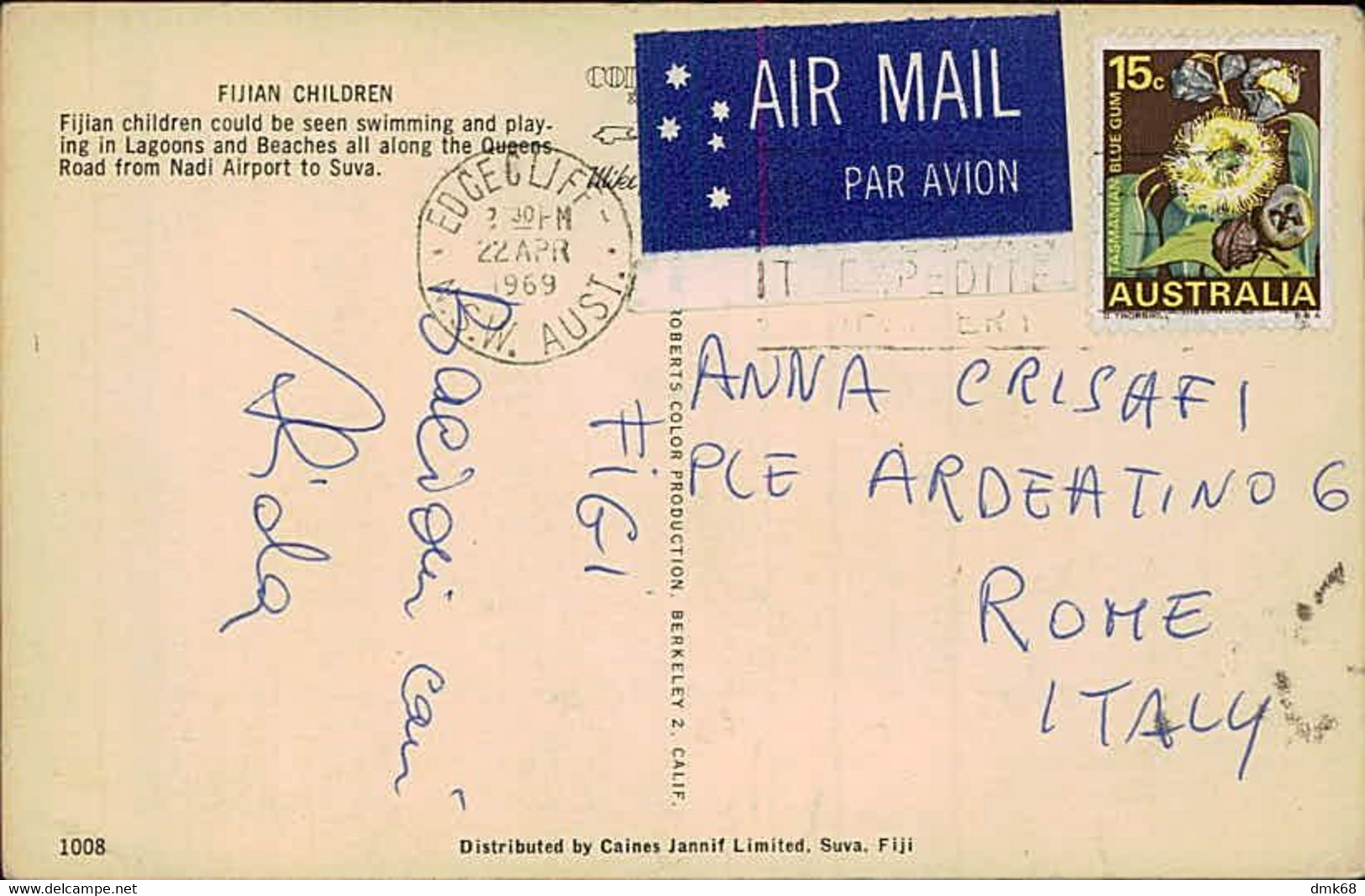 FIJI - FIJIAN CHILDREN - DISTRIBUTED BY CAINES JANNIF - MAILED TO ITALY - AIR MAIL / STAMP - 1969 (15701) - Fidji