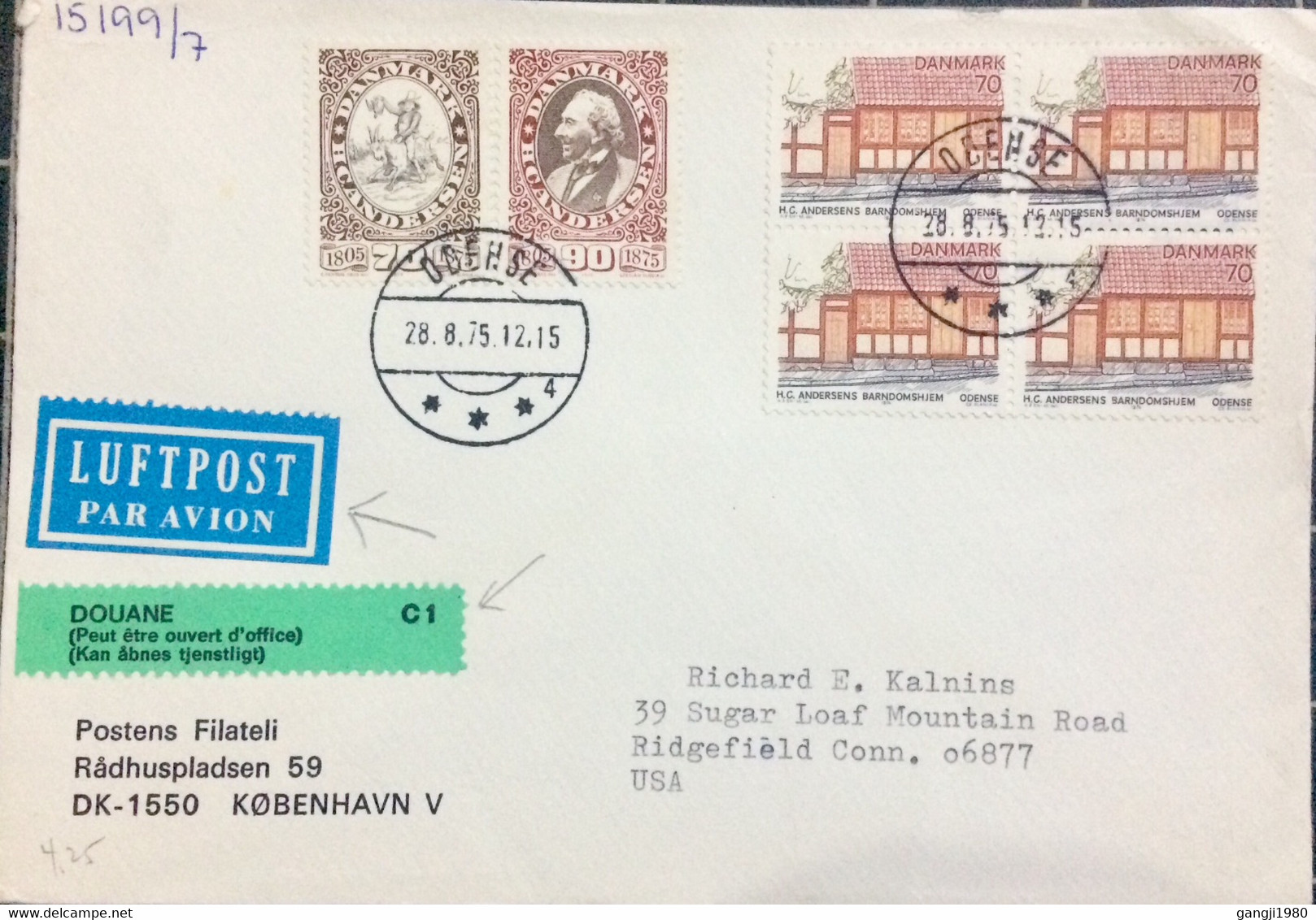 DENMARK 1975, COVER USED TO USA, NUMSKULL JACK, HANS ANDERSEN, ODENCE CITY CANCEL, AIRMAIL, DOUBLE & CUSTOMS LABEL - Lettres & Documents