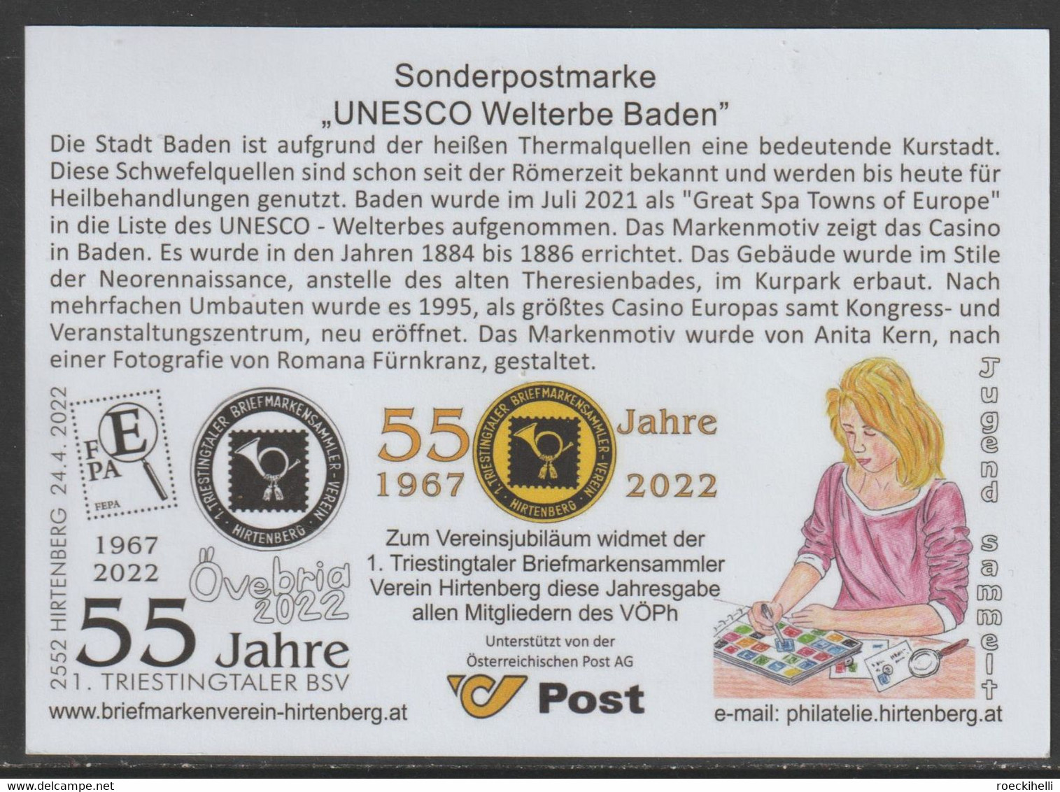 2022 - ÖSTERREICH - Sonderbeleg / FDC / Jahresgabe "UNESCO-Welterbe, Baden / Hirtenberg" - S.Scans (unesco, Hirtenbg) - Lettres & Documents