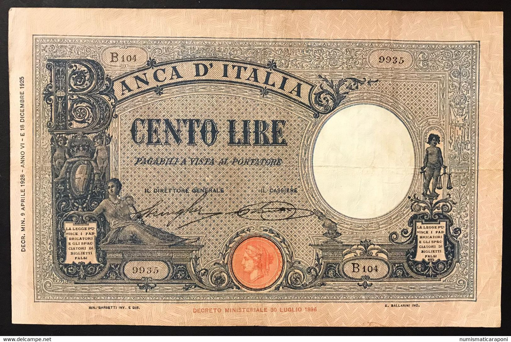 100 LIRE AZZURRINO FASCIO 09 04 1928 BIGLIETTO Naturale RARO E DI BELLA PRESENZA Bb LOTTO 3897 - 100 Liras