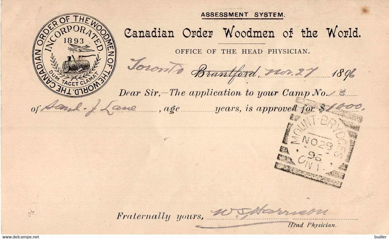 CANADA:1896:Post Card - Queen Victoria – 1 Cent -  Postal Stationery On Command (= REPIQUÉ):@§Canadian Order Woodmen ... - 1860-1899 Victoria