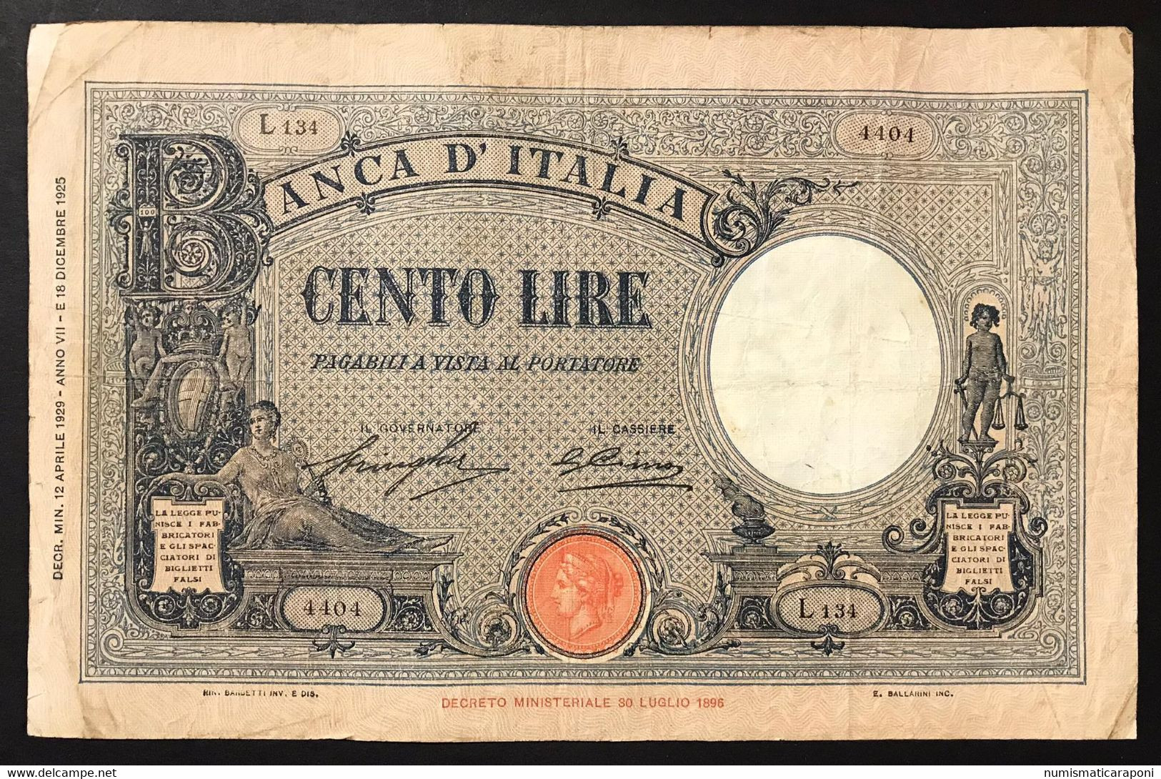 100 LIRE AZZURRINO FASCIO 12 04 1929 BIGLIETTO Naturale RARO Q.bb LOTTO 3899 - 100 Lire