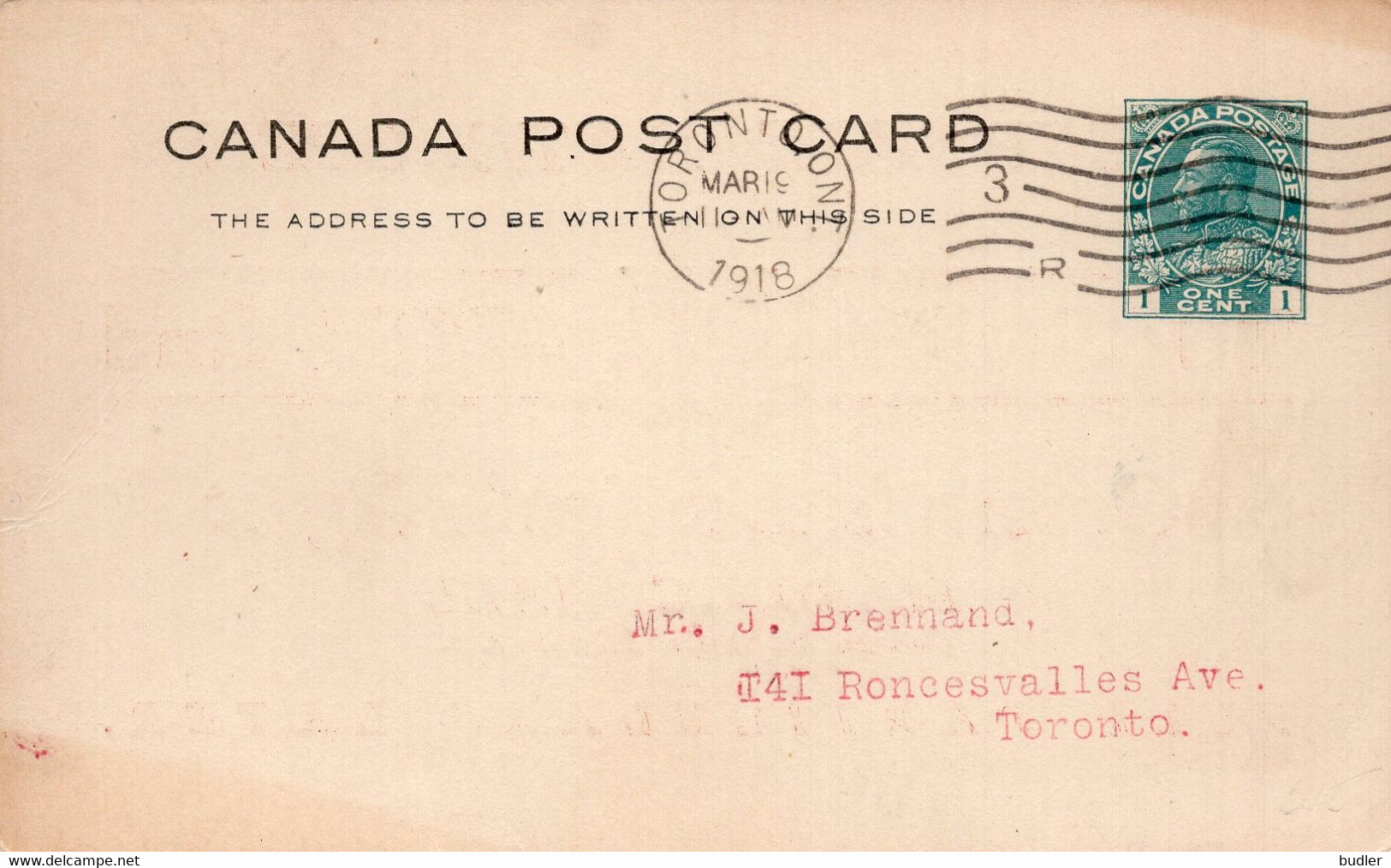 CANADA :1918: Post Card – King George V – 1 Cent -  Postal Stationery On Command (= REPIQUÉ) :  @§ MASONIC HALL – ... - 1860-1899 Règne De Victoria