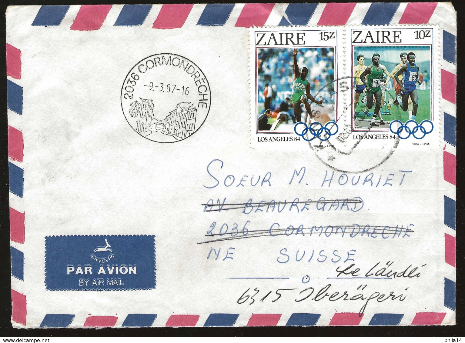 ENVELOPPE ZAIRE CORMONDRECHE 1987 / ZAIRE / JO LOS ANGELES 1984 / POUR LA SUISSE - Covers & Documents