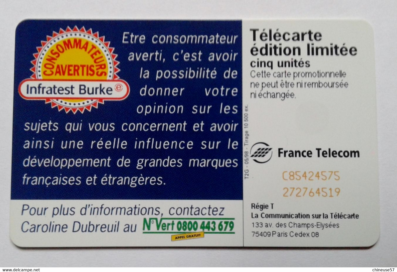 Télécarte 5  Consommateurs Avertis Infratest Burke édition Limitée - 5 Eenheden
