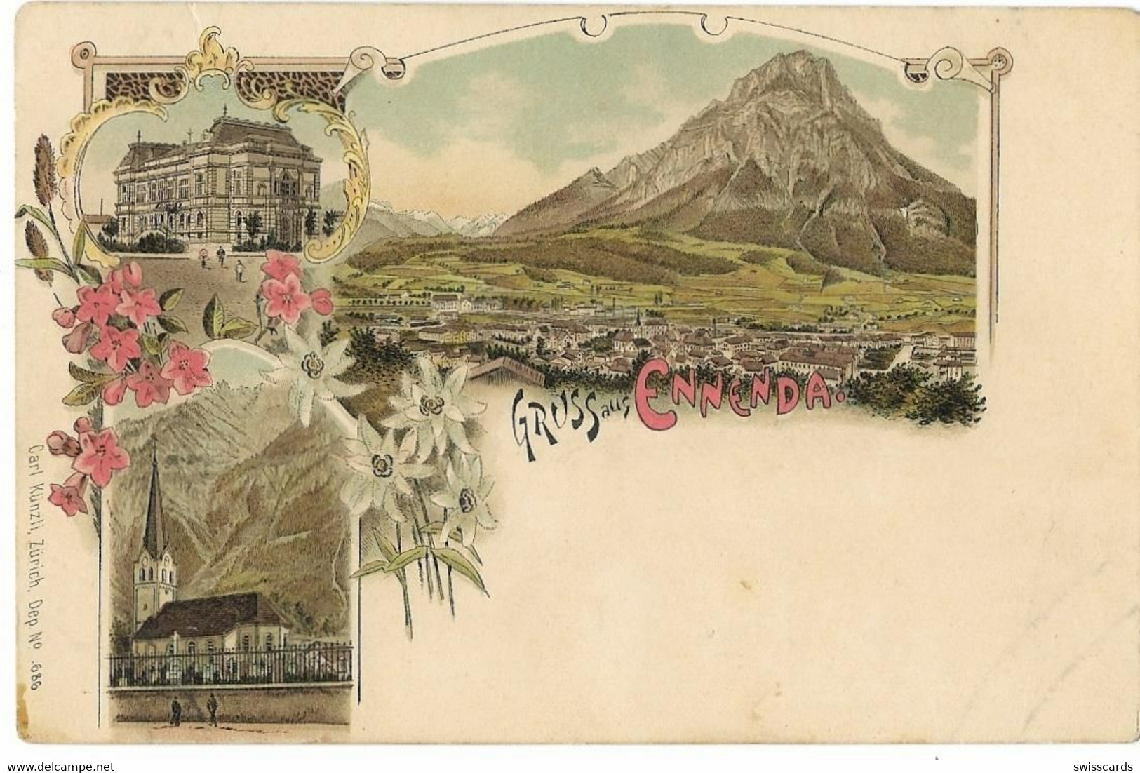 Gruss Aus ENNENDA: 3-Bild-Litho ~1900 - Ennenda