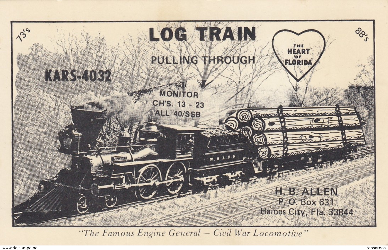 CARTE QSL - LOG TRAIN - CIVIL WAR LOCOMOTIVE - "THE FAMOUS ENGINE GENERAL" - FLORIDE - US RAILWAY - ILLUSTRATEUR - CB-Funk