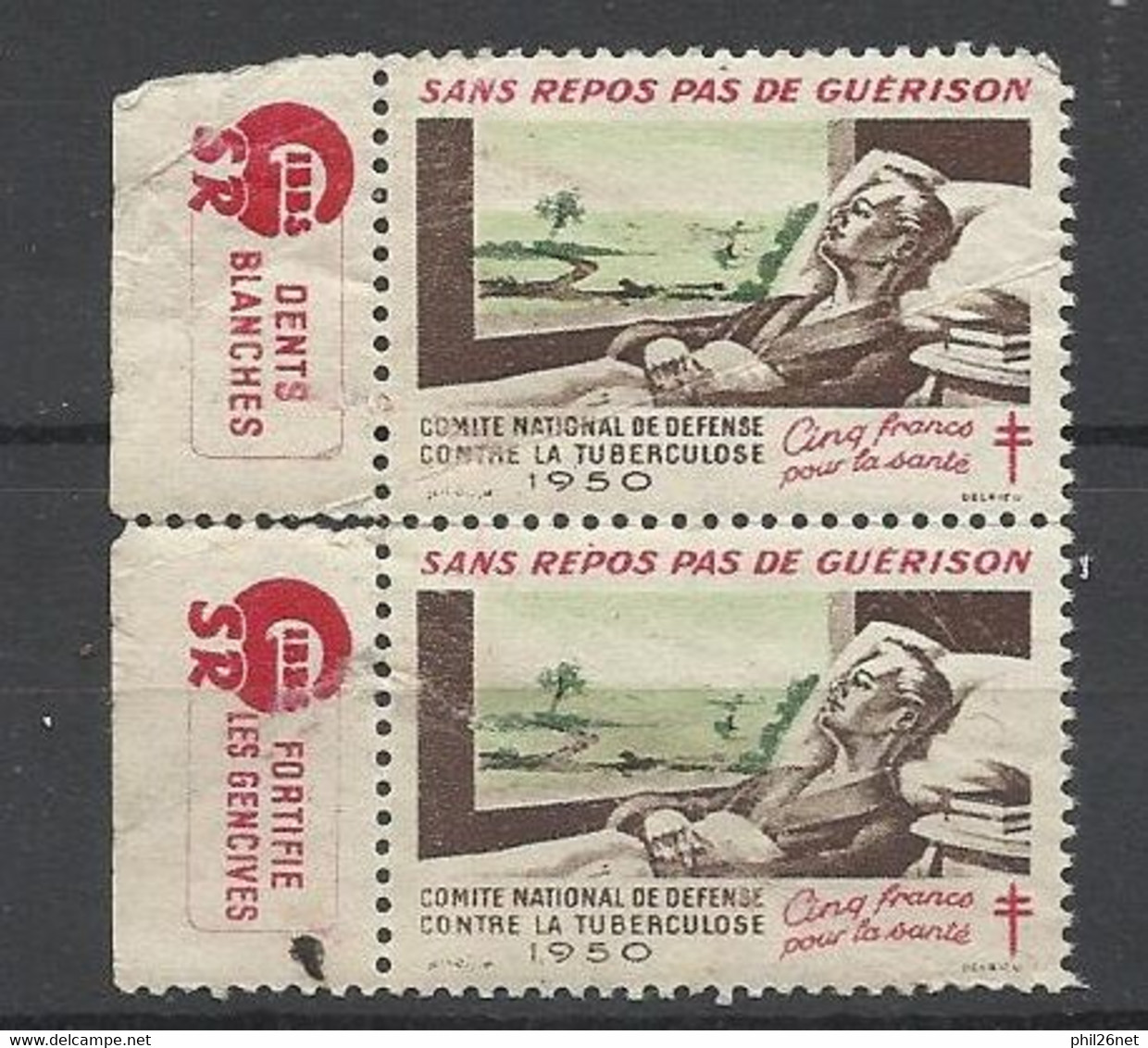 France  Vignette Antituberculeux 1950 " Repos" Paire Publicité Dentifrice SR  X 2 Neufs * * AB/B Voir Scans Soldes ! ! ! - Antituberculeux