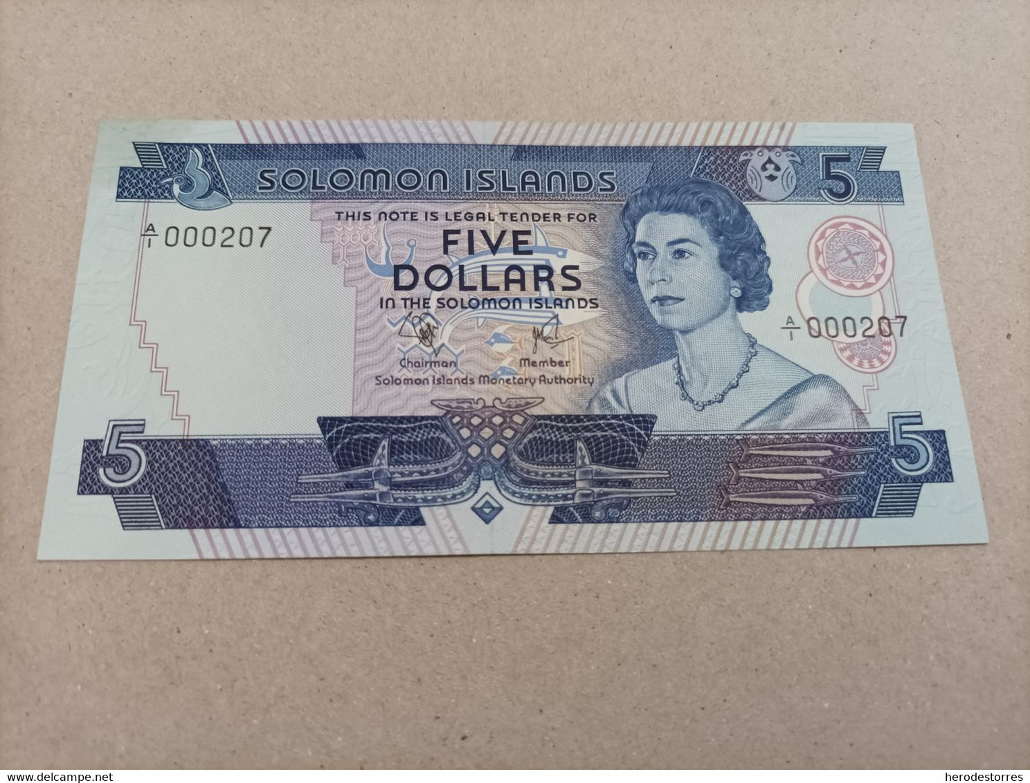 Billete De Las Islas Salomon De 5 Doláres, Serie Y Nº Bajisimo A000207, AUNC - Salomonseilanden